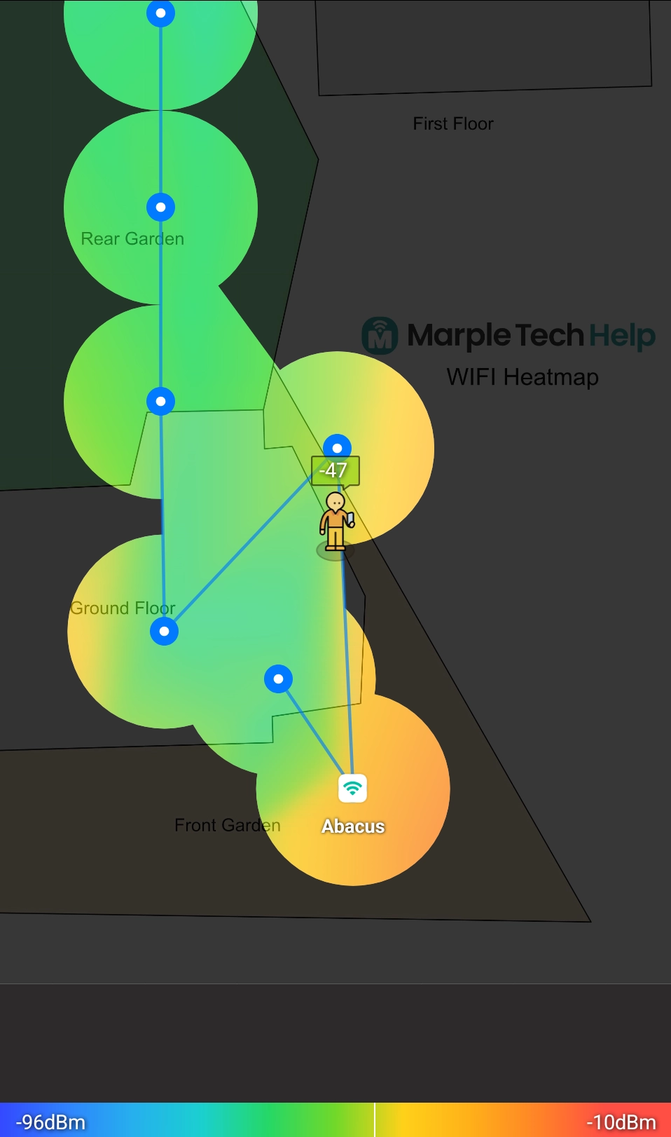 Example Wi-Fi heatmap showing signal strength across different rooms