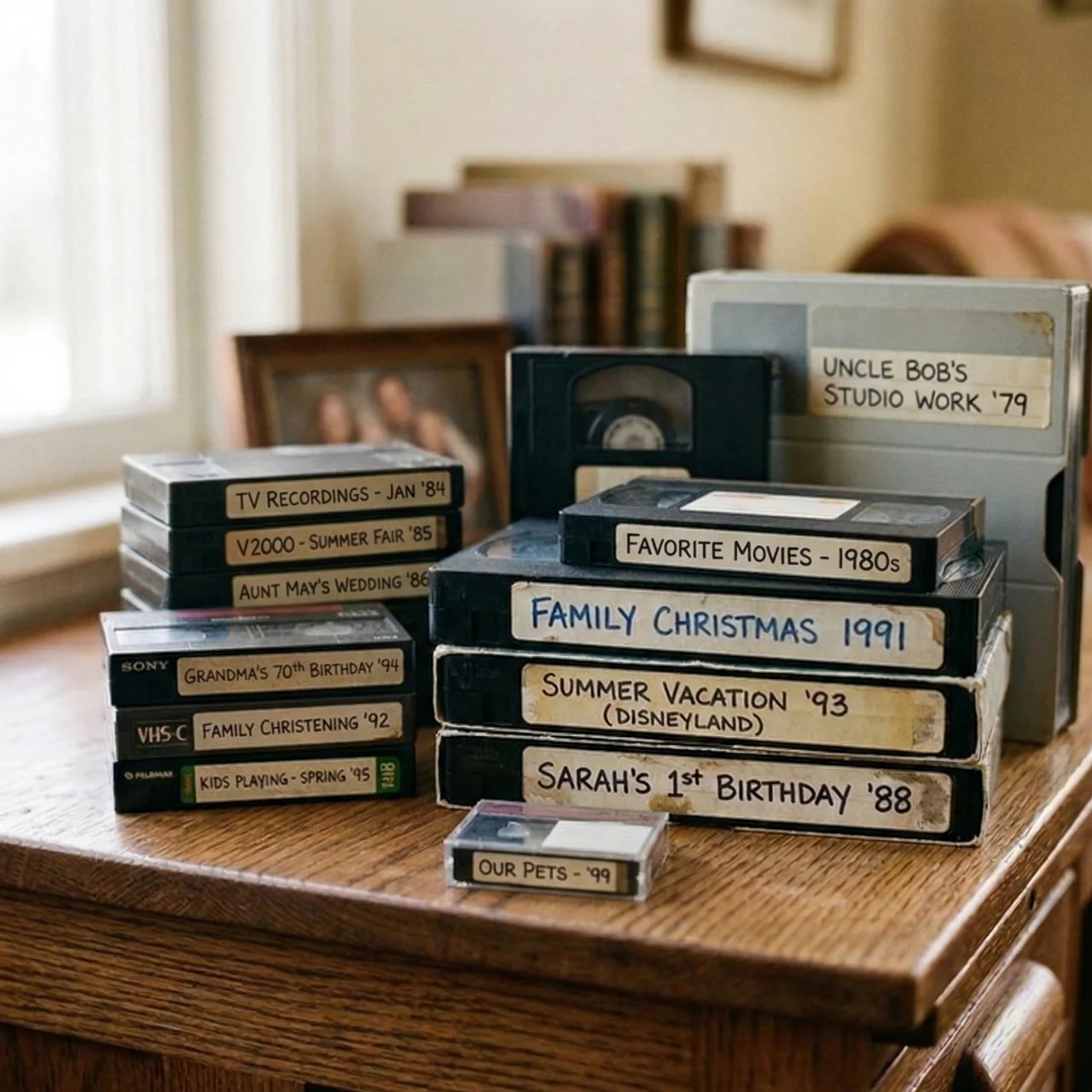 Stack of old VHS and Video8 tapes on a desk
