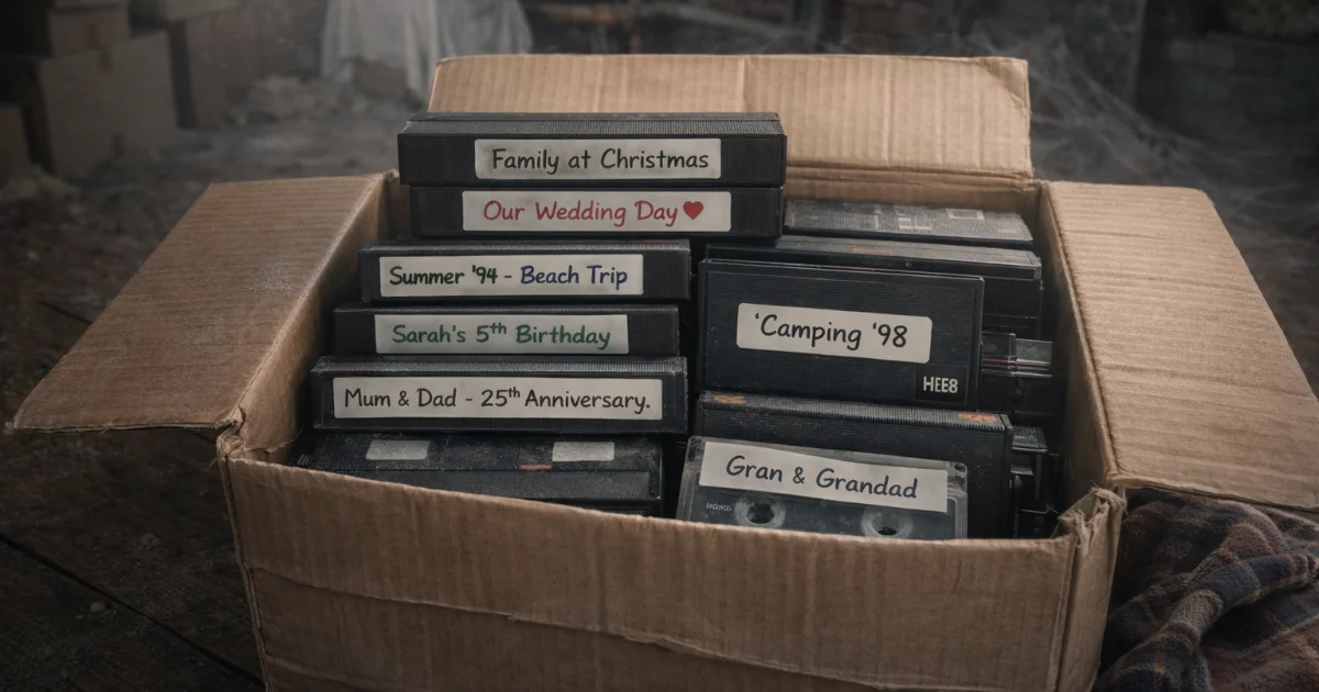 A stack of family videotapes ready for digitisation