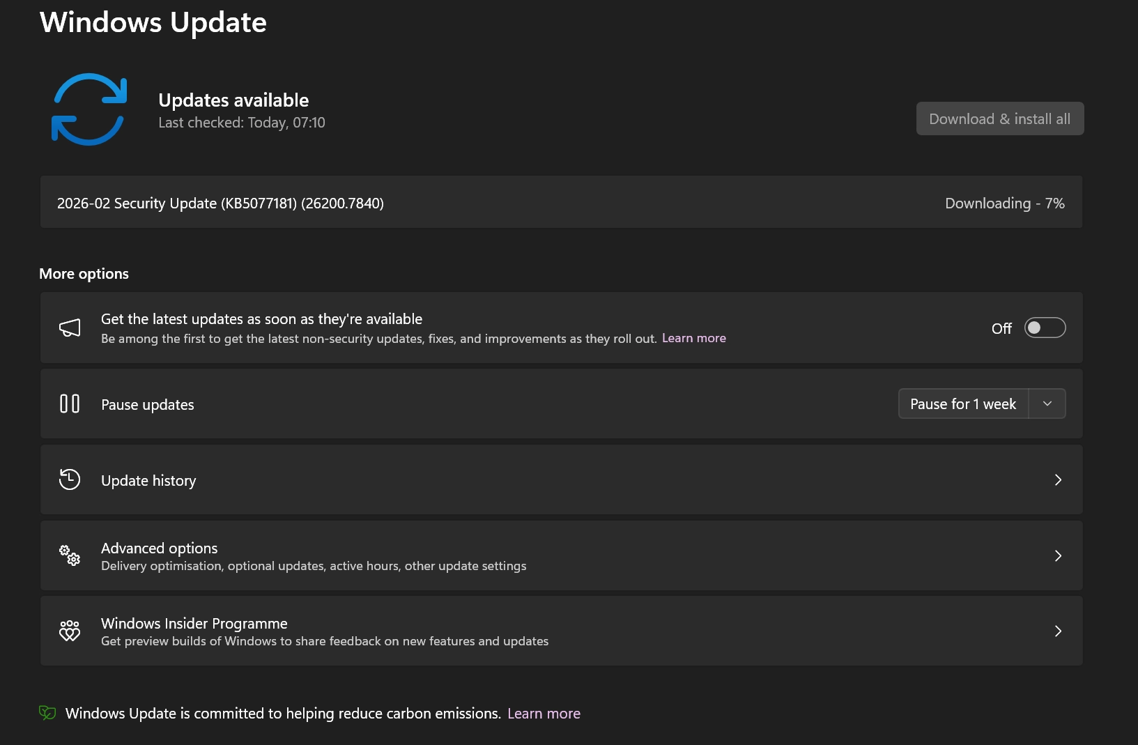 Windows Update showing failed updates with retry option