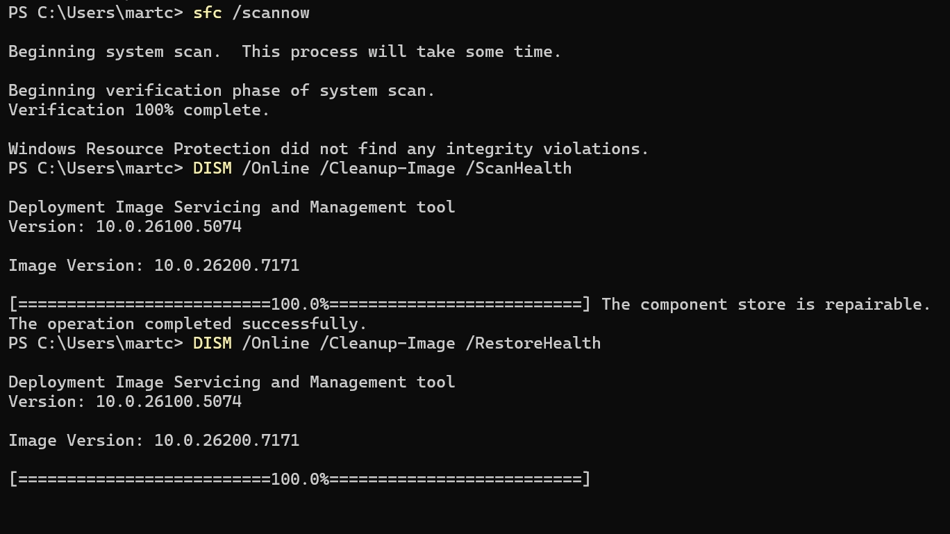 Example output of DISM and SFC scans completing successfully