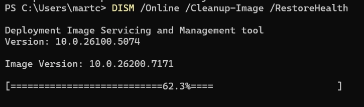 DISM scan appearing to stall at a percentage — this is normal