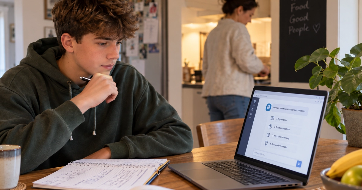 A teenager working at the kitchen table with a notebook and a laptop showing an AI assistant