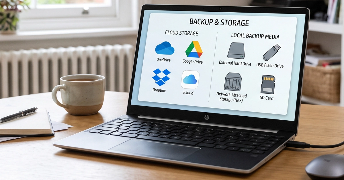 Laptop showing cloud storage services and local backup options beside a mug and notebook