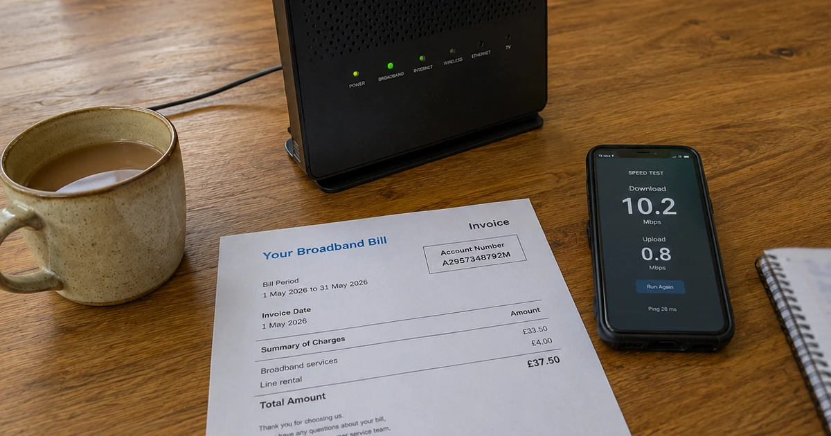 Broadband router and monthly bill being checked