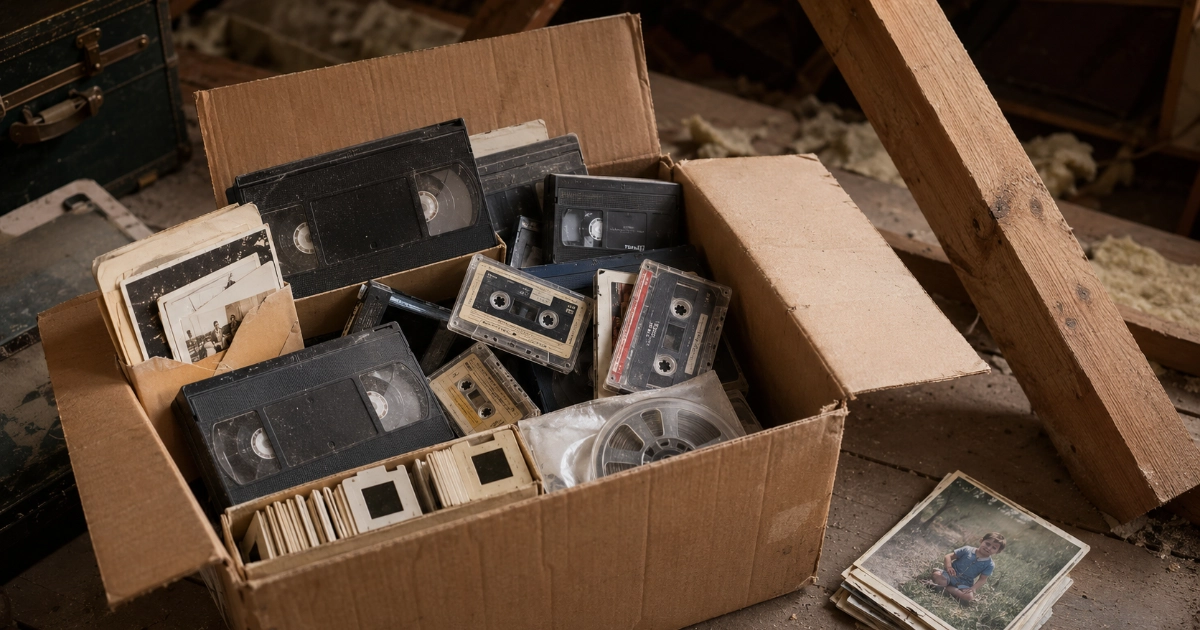 A dusty cardboard box in a loft filled with old VHS tapes, audio cassettes, slides and loose photographs