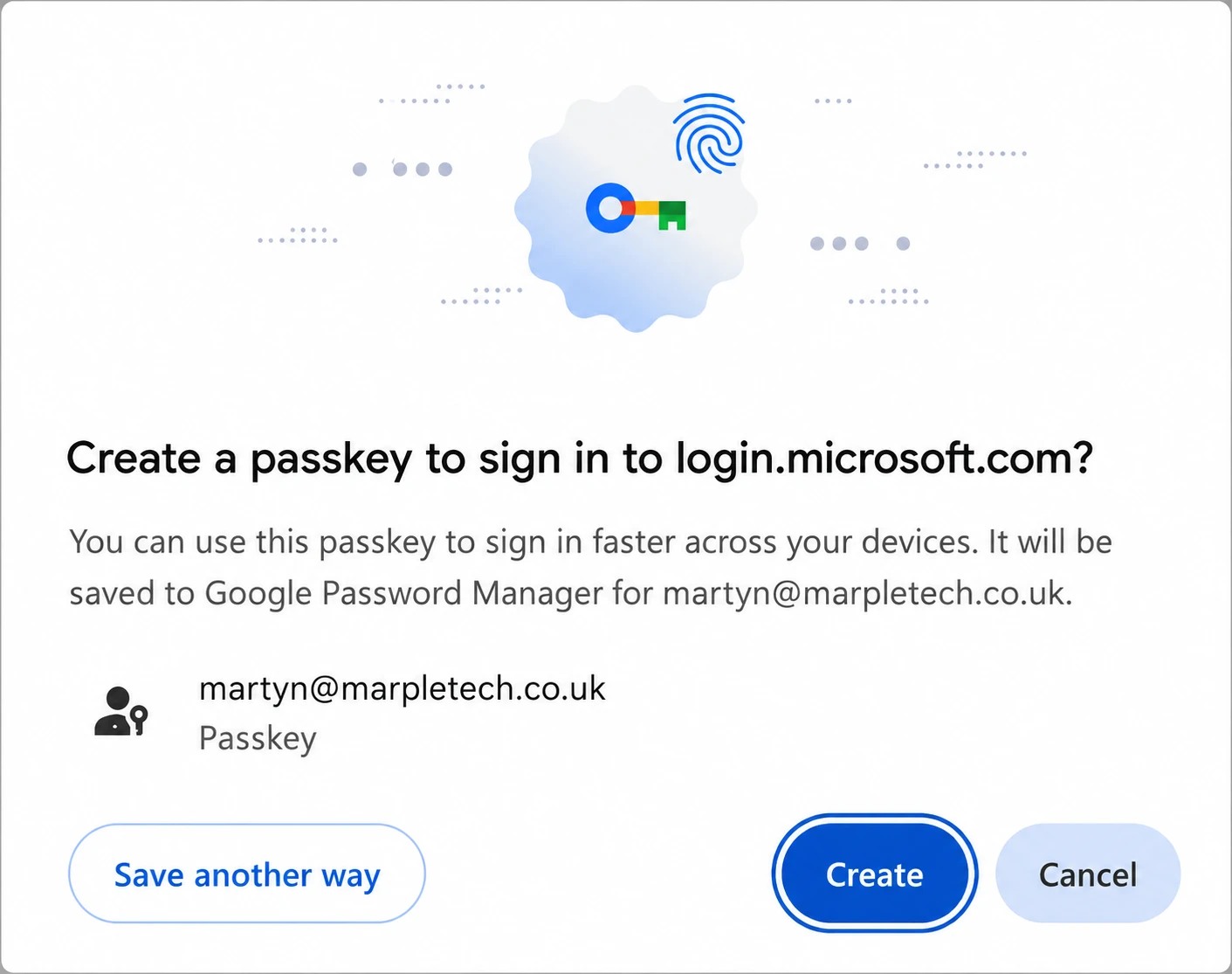 Example prompt asking the user to create a passkey