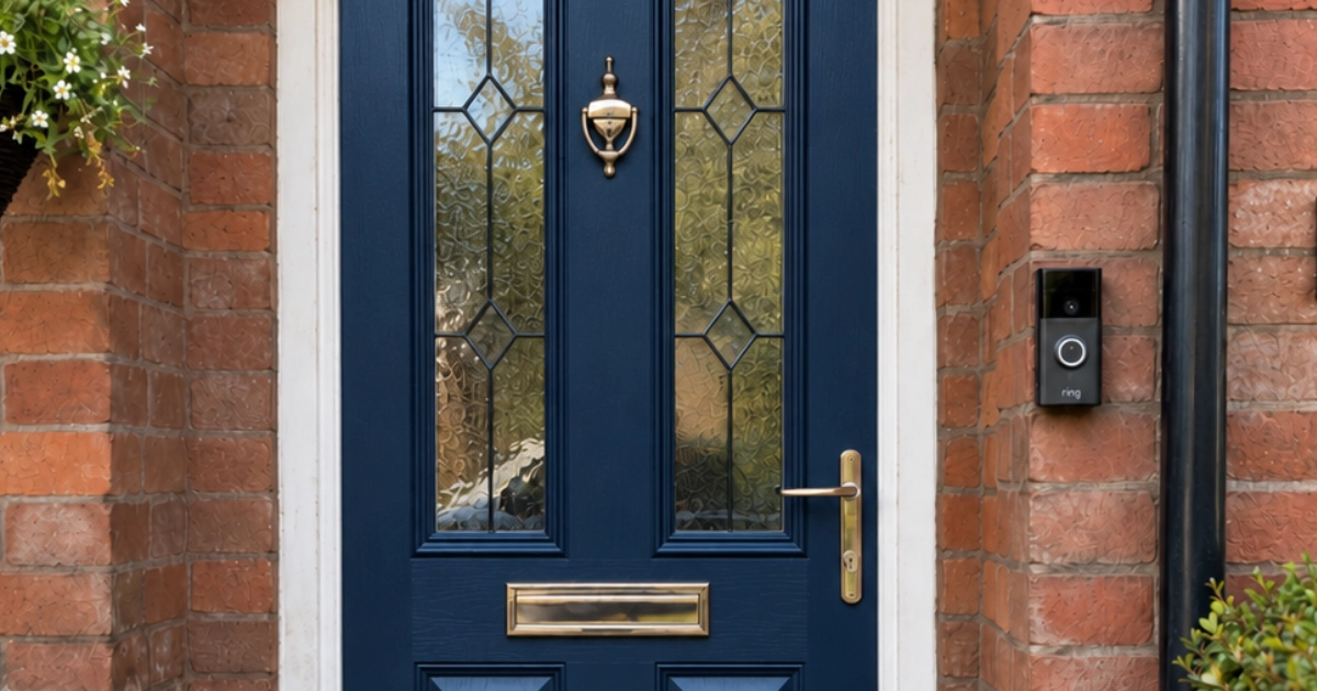 A Ring video doorbell mounted beside a blue front door on a brick house