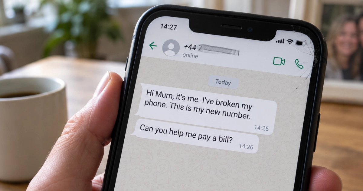 A phone showing a Hi Mum scam message claiming a broken phone and asking for help paying a bill