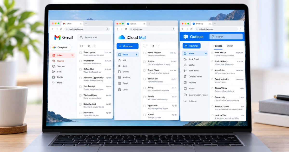 A laptop showing Gmail, iCloud Mail and Outlook side by side