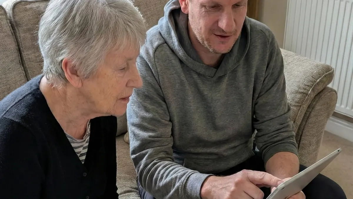 Martyn explaining a tablet to a client