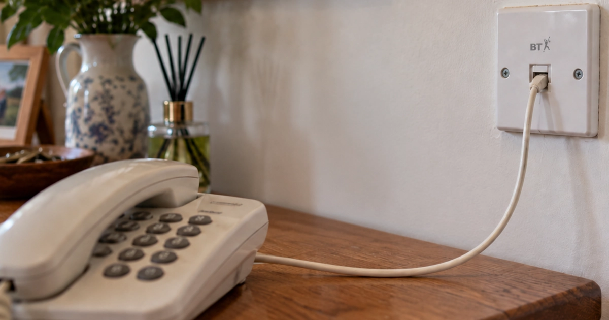 A traditional home telephone connected to a BT telephone wall socket