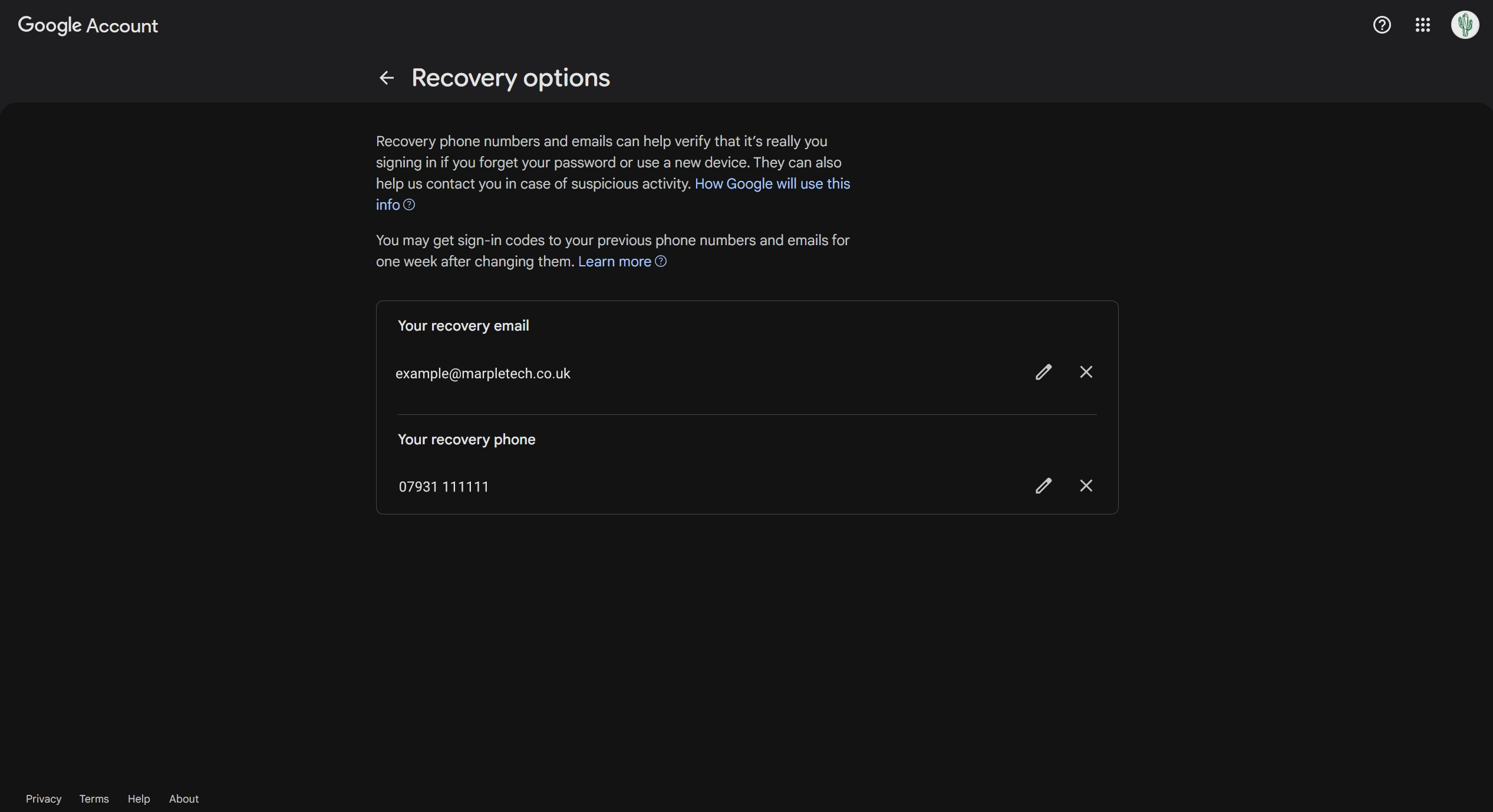 Google account recovery phone and email settings