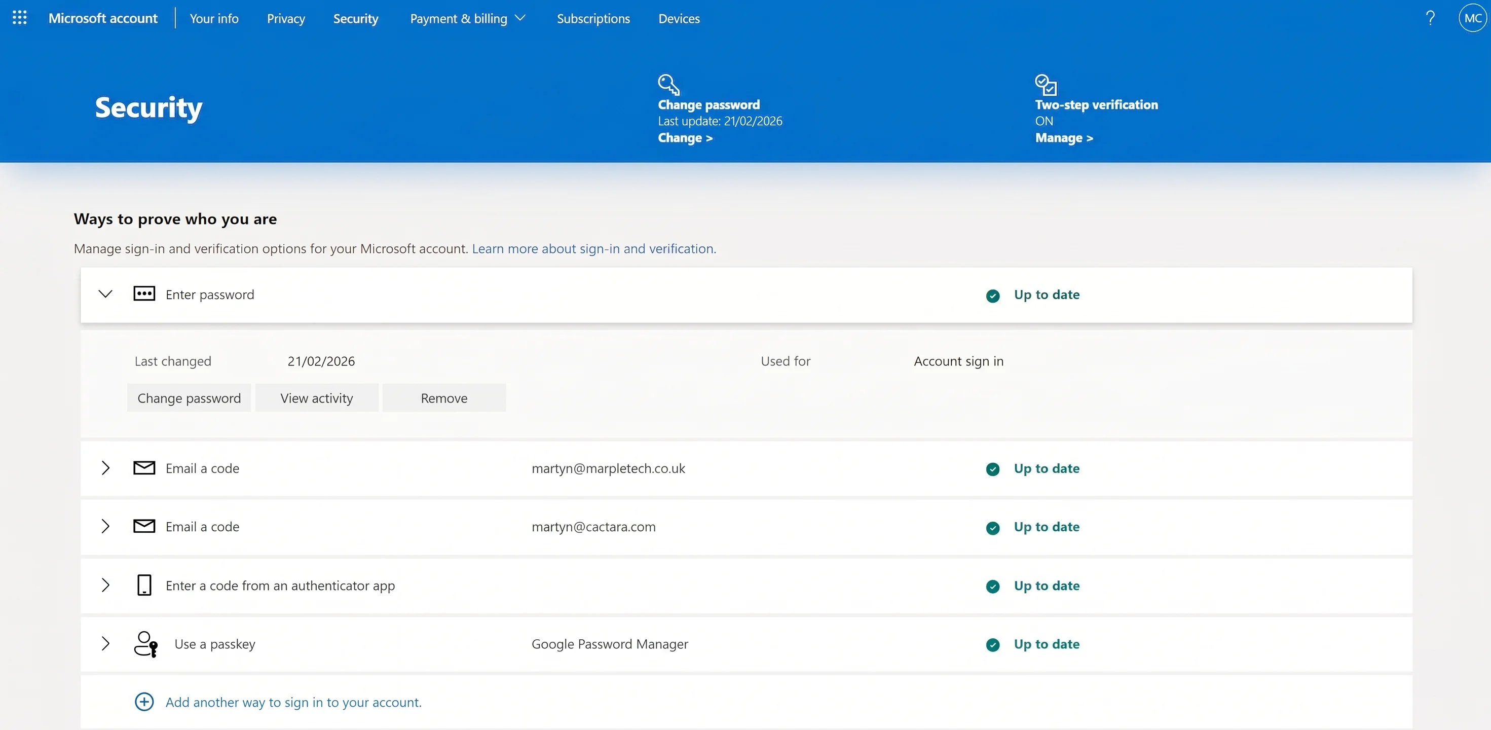Microsoft account recovery options settings