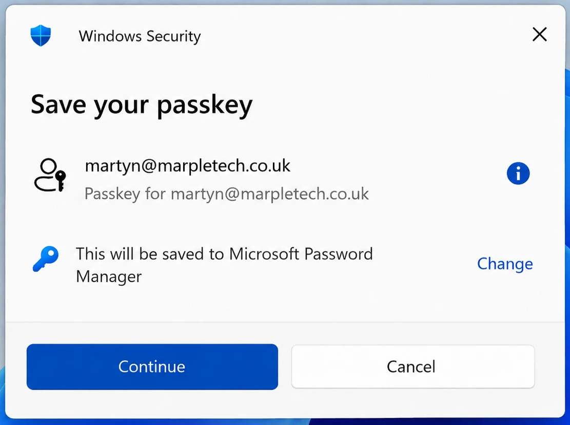 Prompt showing where a passkey will be saved