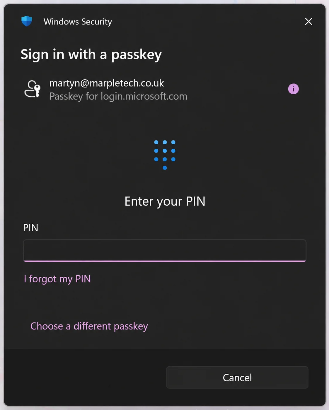 Windows sign-in with passkey prompt