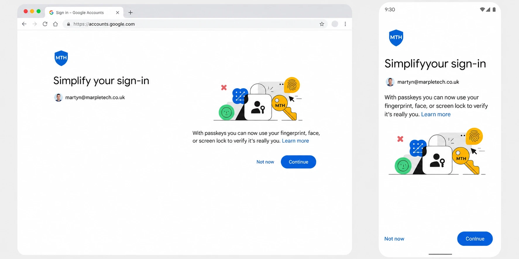 Passkey prompt showing the option to choose Not now