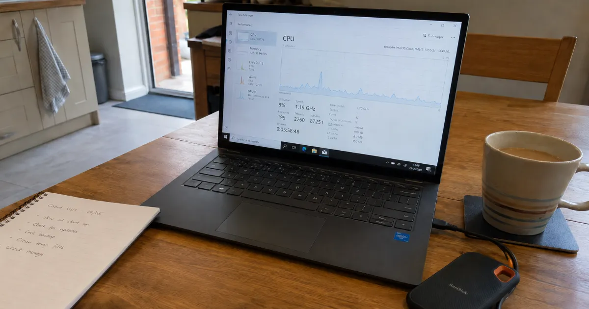 Laptop showing a slow PC diagnosis checklist