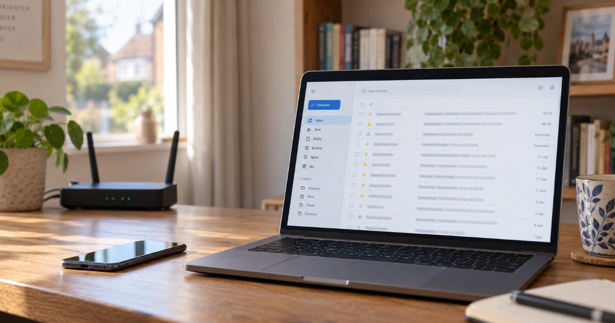 A laptop showing an email inbox on a desk beside a broadband router and a smartphone