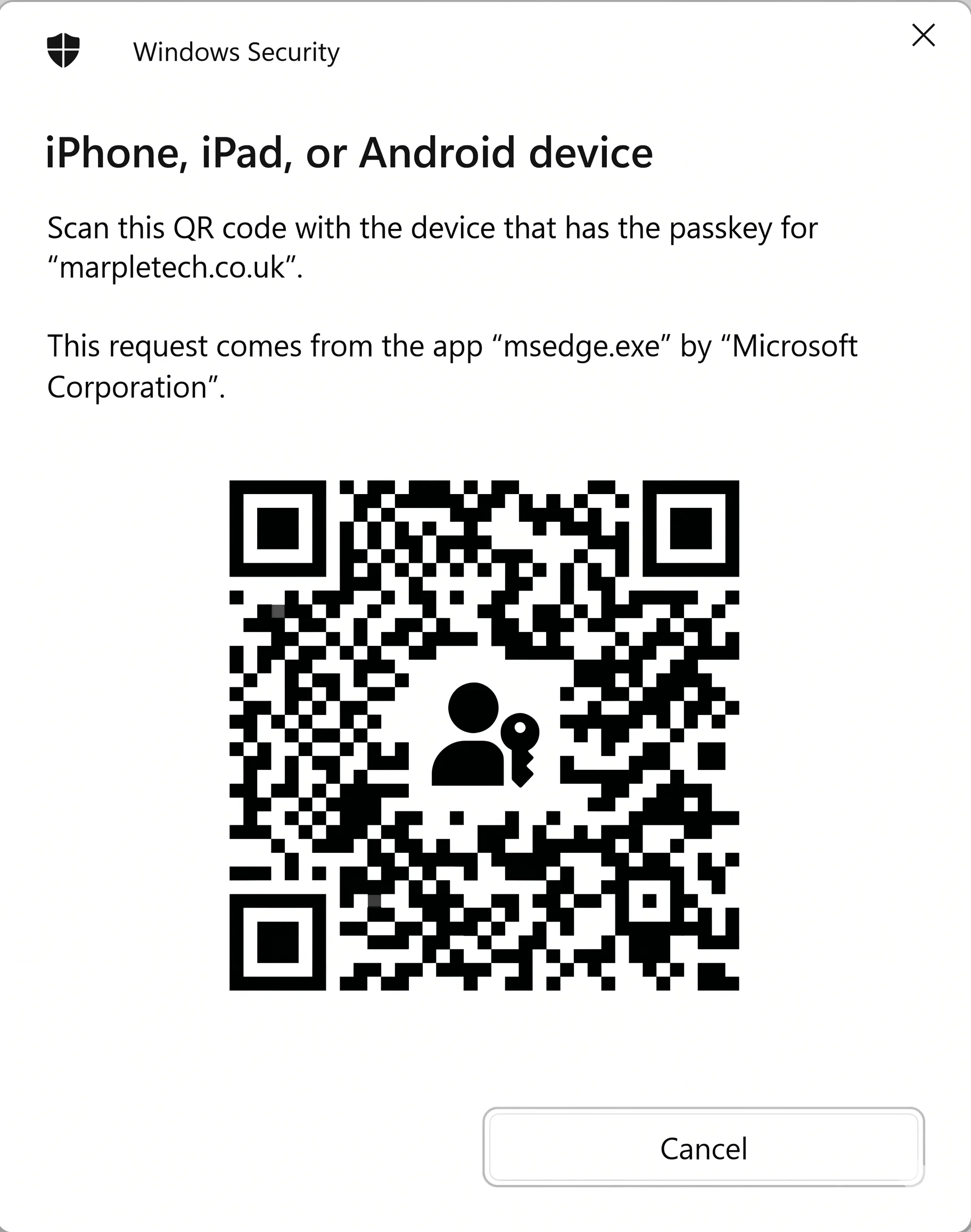 Windows passkey QR code sign-in prompt