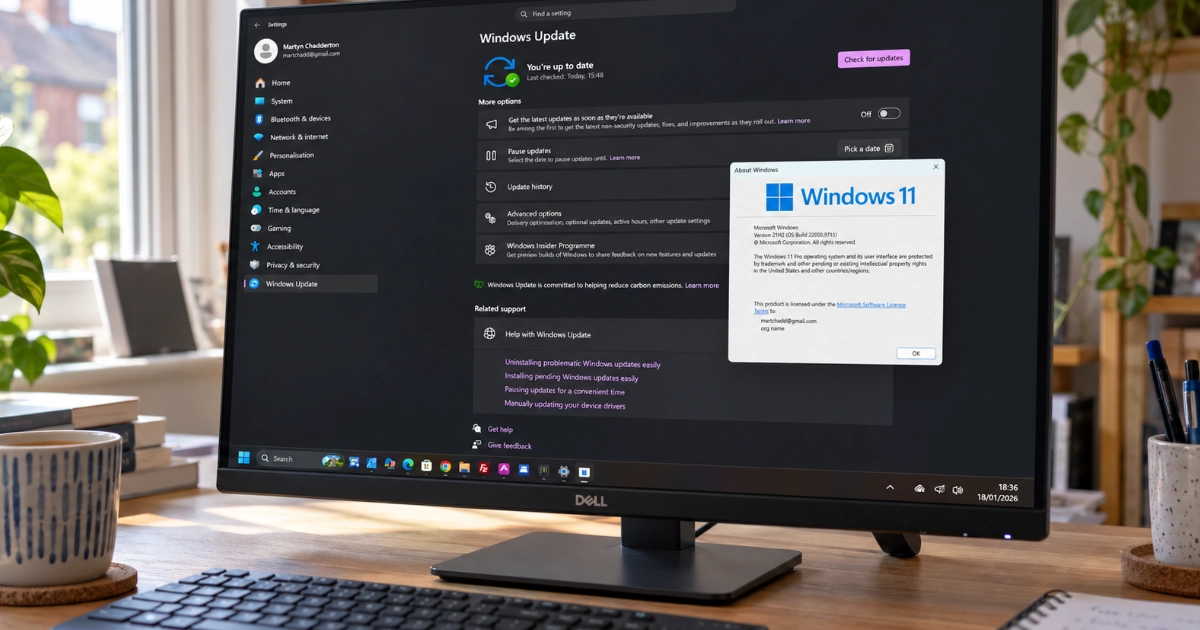 A monitor showing Windows Update reporting you are up to date, with the About Windows version window open